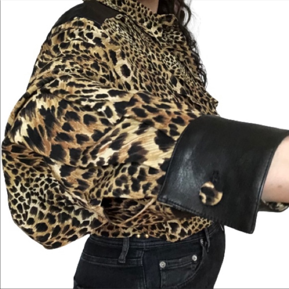 NWT 100% Silk + Leather Leopard Ruffled Vtg Top - Picture 9 of 14